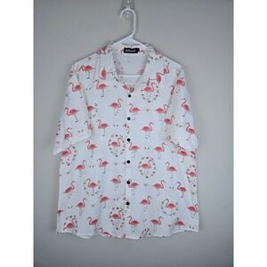 Atlanl Mens Large White Pink Flamingo Floral Print Short Sleeve Button Up Shirt